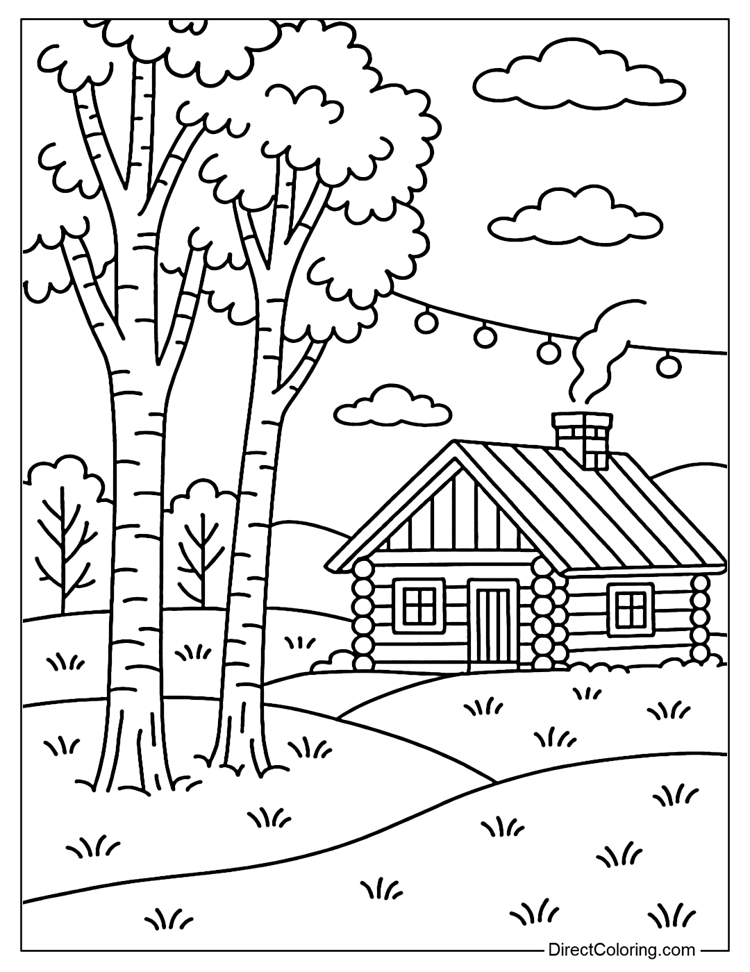 Coloring page of a peaceful village with birch trees and a wooden house with a sloping roof.